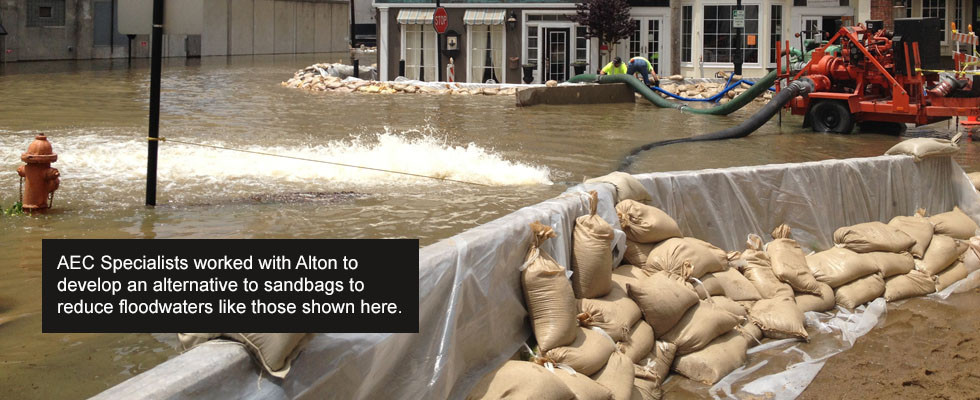 AEC Specialists worked with Alton to develop an alternative to sandbags to reduce floodwaters like those shown here.